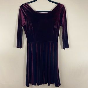 Blooms in the City Crushed Velvet Deep Purple Empire Waist Quarter Sleeve Dress